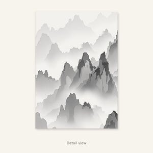 Wandbild „Mystische Berggipfel“, minimalistischer Druck, Esszimmerkunst, Digitaldruck, Tuschemalerei, chinesischer Tuschedruck Bild 2