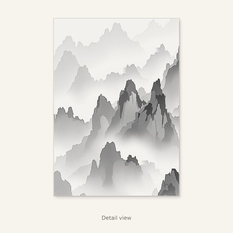 Wandbild „Mystische Berggipfel“, minimalistischer Druck, Esszimmerkunst, Digitaldruck, Tuschemalerei, chinesischer Tuschedruck Bild 2