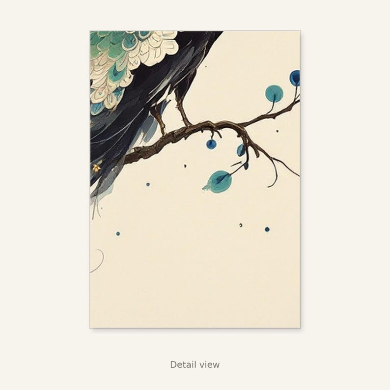 Lámina artística de pavo real, arte de interior estilo chinoiserie, decoración para meditación, lámina de pintura a la tinta, lámina de pintura china a la tinta imagen 3