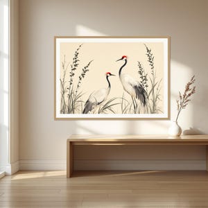 White Crane Printable Art, Asian Decor, Meditation Decor, Printable Download, Ink Wash Painting, Chinese Ink Painting Print image 1