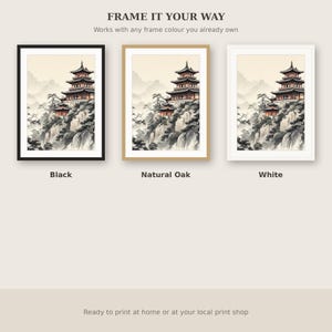 Chinese pagode muurdecoratie, Wabi Sabi interieurkunst, decoratie boven het bed, kunstprint, inkttekening, Chinese inkttekeningprint afbeelding 7