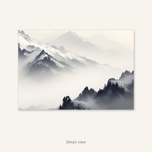 Arte para imprimir de montanha nevada, decoração neutra, arte para sala de estar, impressão de pintura a tinta, impressão de pintura a tinta chinesa imagem 4