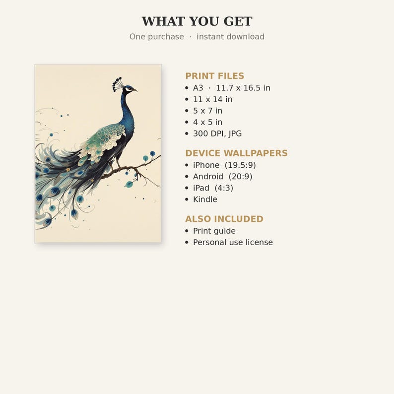 Peacock Printable Art, Wabi Sabi Decor, Gallery Wall Set, Ink Painting Print, Chinese Ink Painting Print image 5
