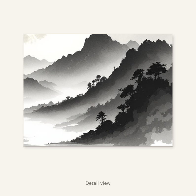 Paisaje lunar para imprimir, lámina minimalista, decoración de pared para spa, lámina de arte en tinta, lámina de pintura china en tinta. imagen 3