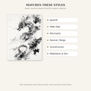 Conjunto de 3 láminas de arte mural asiático con dragones, decoración neutra, decoración de pared para spa, descarga instantánea de arte, pintura a la tinta, impresión de pintura china a la tinta. imagen 9