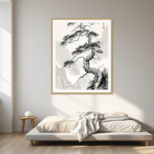 Stampa artistica di pino, estetica Chinoiserie, decorazione murale per spa, stampa artistica a download immediato, pittura a inchiostro lavato P immagine 1