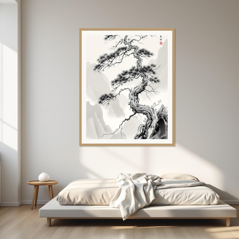 Stampa artistica di pino, estetica Chinoiserie, decorazione murale per spa, stampa artistica a download immediato, pittura a inchiostro lavato P immagine 1