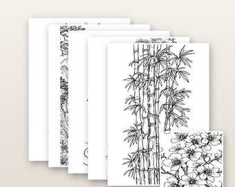 May include: Five printable coloring pages in A4 300DPI format. The black and white line art illustrations feature detailed botanical designs, including a tall bamboo stalk arrangement and a cluster of blooming cherry blossom flowers.