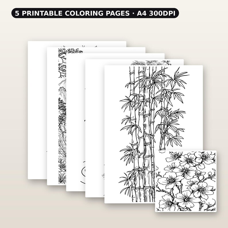 Mountain Coloring Book Coloring Page, Chinoiserie Gallery Art, Gallery Wall Set, Digital Print, Ink Wash Painting image 1