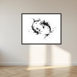 Koi Fish Wall Art, Zen Decor, Bedroom Wall Art, Ink Art Print, Chinese Ink Painting Print image 1