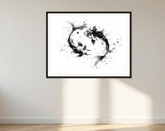 Peut inclure: Une impression d'art encadrée représentant une illustration à l'encre noire et blanche de deux poissons koï nageant en cercle. L'œuvre est agrémentée d'éclaboussures et de points d'encre dispersés, créant un effet dynamique sur fond blanc.
