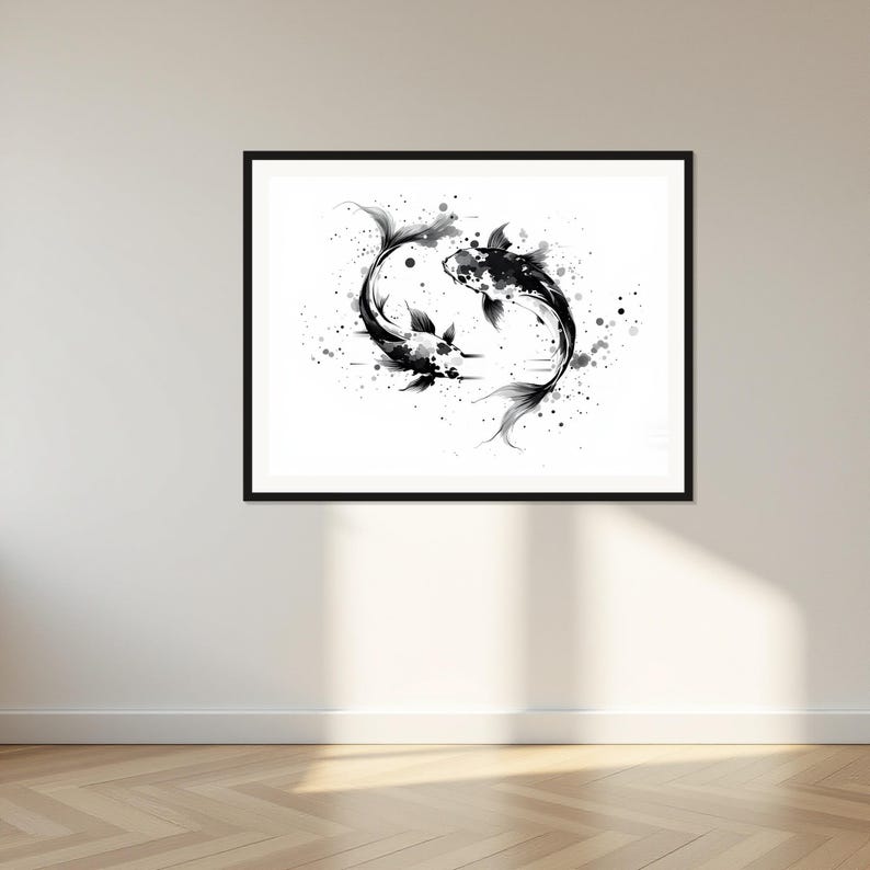 Koi Fish Wall Art, Zen Decor, Bedroom Wall Art, Ink Art Print, Chinese Ink Painting Print image 1