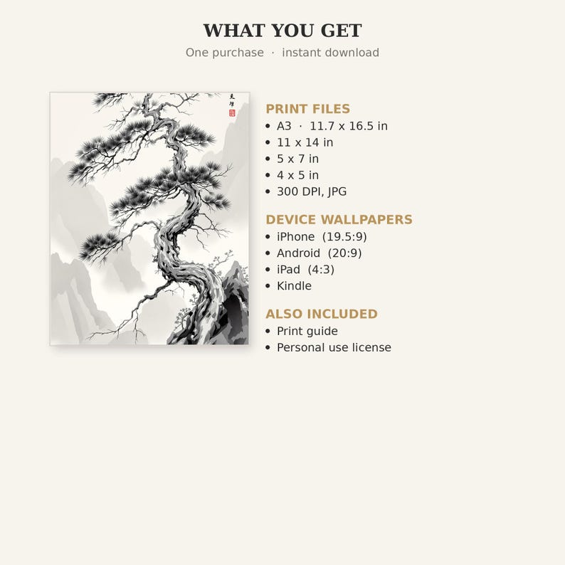 Stampa artistica di pino, estetica Chinoiserie, decorazione murale per spa, stampa artistica a download immediato, pittura a inchiostro lavato P immagine 5