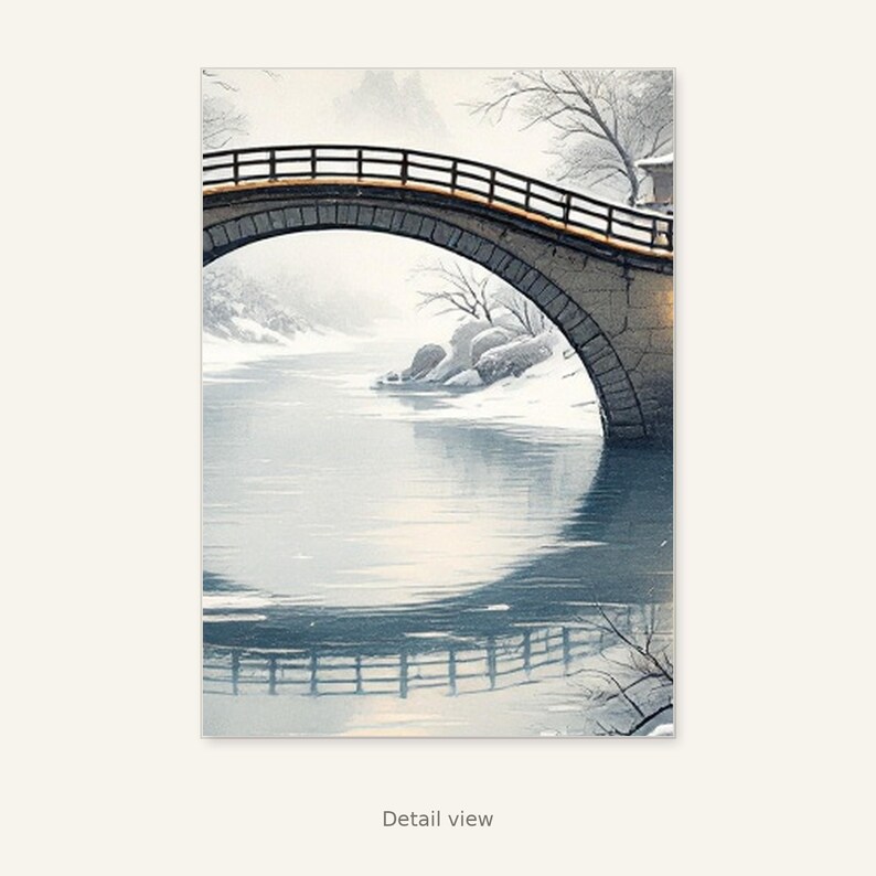 Bridge Snow Wall Art, Chinoiserie Aesthetic, Dining Room Art, Digital Print, Ink Wash Painting, Chinese Ink Painting Print image 3
