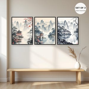 Pavilion Chinoiserie väggkonst set om 3, kontorsväggkonst, direktnedladdningsbar konst, bläcktvättad målning, kinesisk bläckmålningstryck bild 7