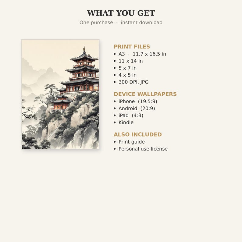 Chinese pagode muurdecoratie, Wabi Sabi interieurkunst, decoratie boven het bed, kunstprint, inkttekening, Chinese inkttekeningprint afbeelding 5