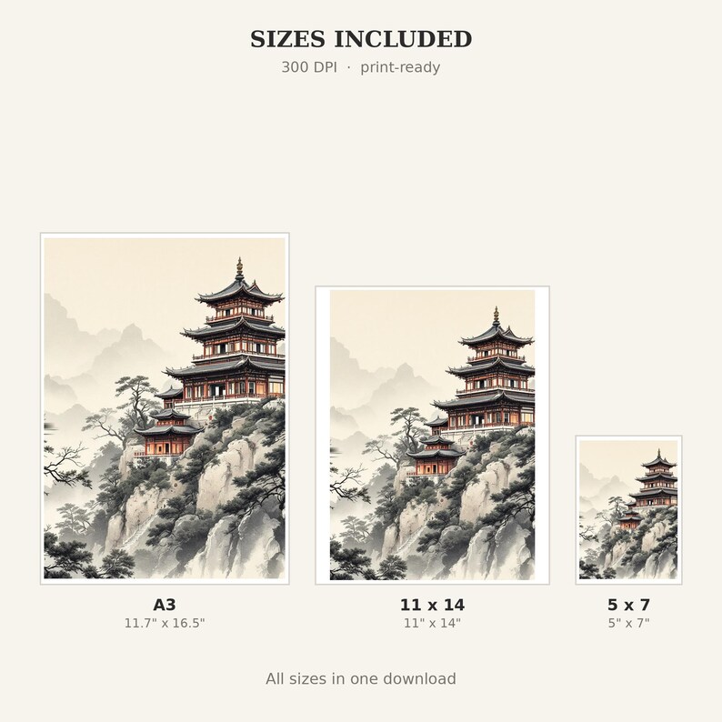 Kunstdruck „Pagode“, Wabi-Sabi-Inneneinrichtung, Meditationsdeko, Druckvorlage, Tuschemalerei, Chinesische Tuschemalerei Bild 4