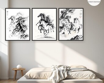 May include: A set of three framed wall art prints featuring black and white ink wash style illustrations of galloping horses. Each rectangular print displays dynamic equine figures in motion against a white background. The text SET OF 3 is visible.
