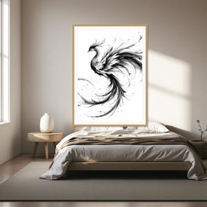 Phoenix Printable Art, Asian Wall Art, Above Bed Decor, Fine Art Print, Ink Wash Painting, Chinese Ink Painting Print image 1
