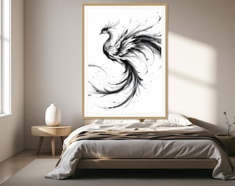 May include: A framed wall art print featuring a black and white ink-style illustration of a phoenix with flowing, elongated feathers and sweeping lines. The bird is depicted in profile against a stark white background, captured in a dynamic pose.