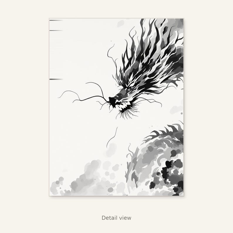 Conjunto de 3 láminas de arte mural asiático con dragones, decoración neutra, decoración de pared para spa, descarga instantánea de arte, pintura a la tinta, impresión de pintura china a la tinta. imagen 2