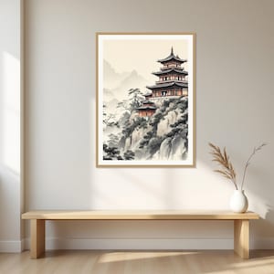 Kunstdruck „Pagode“, Wabi-Sabi-Inneneinrichtung, Meditationsdeko, Druckvorlage, Tuschemalerei, Chinesische Tuschemalerei Bild 1