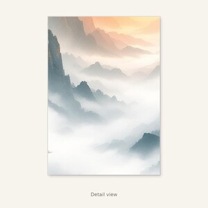 Lijst met zonsopgang en berglandschap als tv-kunst, Oosterse muurdecoratie, kunst voor de woonkamer, digitale kunst, inkttekening, Chinese inkttekeningprint afbeelding 10
