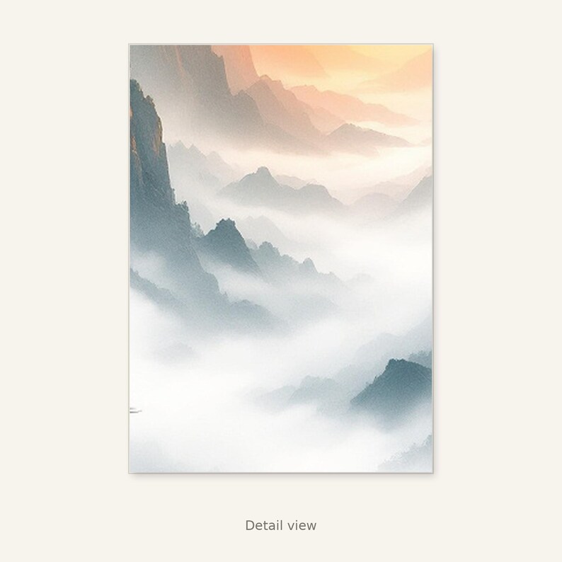 Lijst met zonsopgang en berglandschap als tv-kunst, Oosterse muurdecoratie, kunst voor de woonkamer, digitale kunst, inkttekening, Chinese inkttekeningprint afbeelding 10