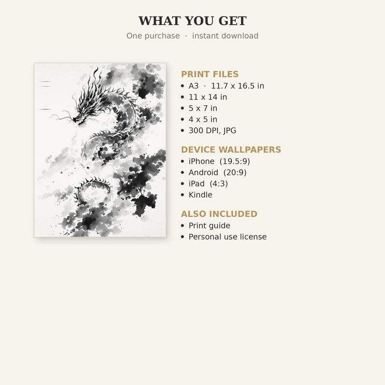 Conjunto de 3 láminas de arte mural asiático con dragones, decoración neutra, decoración de pared para spa, descarga instantánea de arte, pintura a la tinta, impresión de pintura china a la tinta. imagen 5