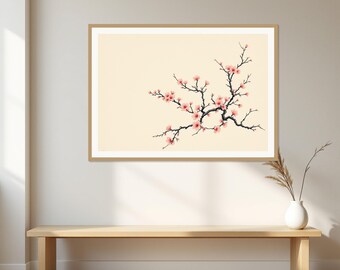 May include: A framed horizontal wall art print featuring a delicate illustration of a dark brown cherry blossom branch with soft pink flowers against a solid cream-coloured background, enclosed in a simple light wood frame.