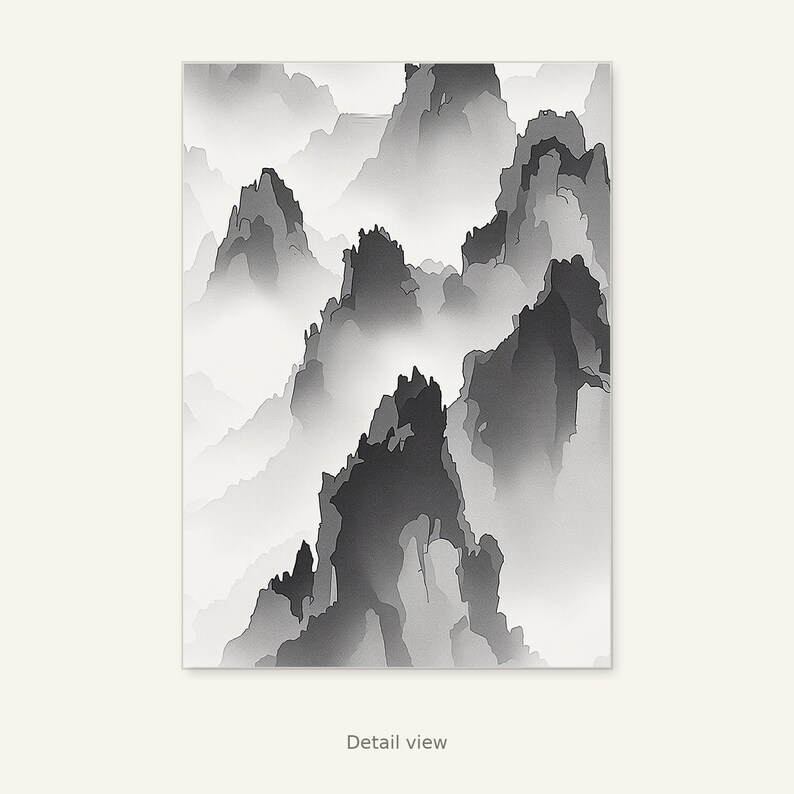 Wandbild „Mystische Berggipfel“, minimalistischer Druck, Esszimmerkunst, Digitaldruck, Tuschemalerei, chinesischer Tuschedruck Bild 3