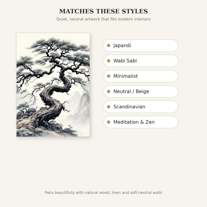 Pine Tree Wall Art, Wabi Sabi Decor, Above Bed Decor, Ink Art Print, Chinese Ink Painting Print image 9