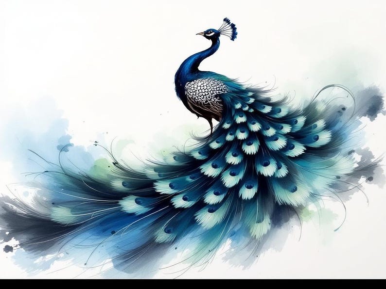Lámina artística de pavo real, arte de interior estilo chinoiserie, decoración para meditación, lámina de pintura a la tinta, lámina de pintura china a la tinta imagen 9