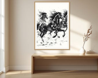Peut inclure: Une impression d'art encadrée représentant une illustration à l'encre noire et blanche de trois chevaux au galop. L'œuvre présente des coups de pinceau dynamiques et des éclaboussures, capturant le mouvement des chevaux sur un fond blanc.