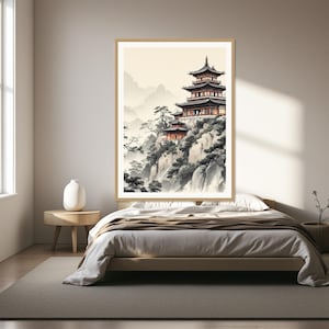 Chinese pagode muurdecoratie, Wabi Sabi interieurkunst, decoratie boven het bed, kunstprint, inkttekening, Chinese inkttekeningprint afbeelding 1