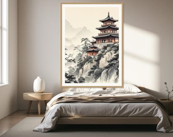 Kinesisk pagoda väggkonst, Wabi Sabi inredningskonst, dekor ovanför sängen, konsttryck, bläcktvättmålning, kinesisk bläckmålning