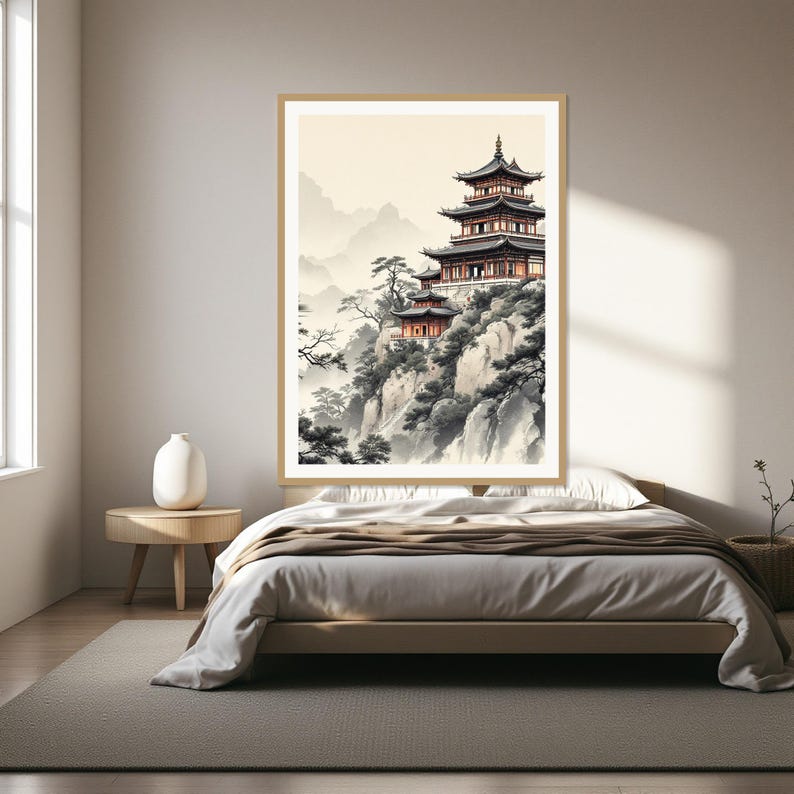 Chinese pagode muurdecoratie, Wabi Sabi interieurkunst, decoratie boven het bed, kunstprint, inkttekening, Chinese inkttekeningprint afbeelding 1