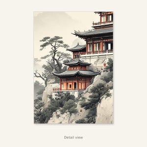 Chinese pagode muurdecoratie, Wabi Sabi interieurkunst, decoratie boven het bed, kunstprint, inkttekening, Chinese inkttekeningprint afbeelding 10
