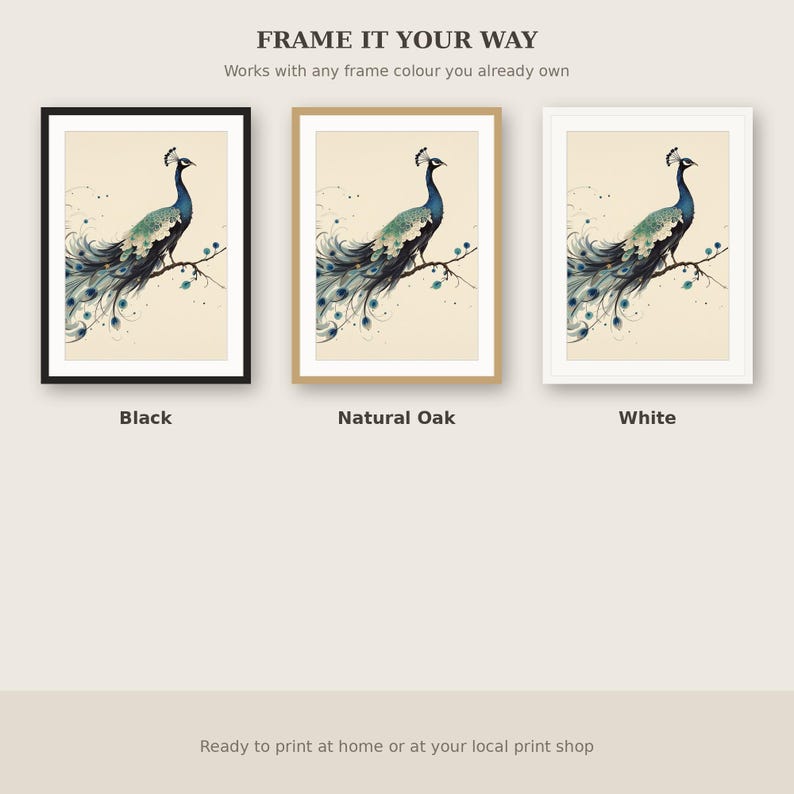 Peacock Printable Art, Wabi Sabi Decor, Gallery Wall Set, Ink Painting Print, Chinese Ink Painting Print image 7