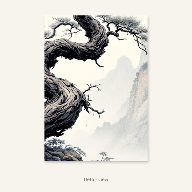 Pine Tree Wall Art, Wabi Sabi Decor, Above Bed Decor, Ink Art Print, Chinese Ink Painting Print image 3