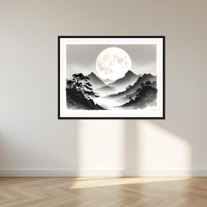 月の風景画プリント、ニュートラルなインテリアアート、ベッド上の装飾、水墨画プリント、中国水墨画プリント 画像 1