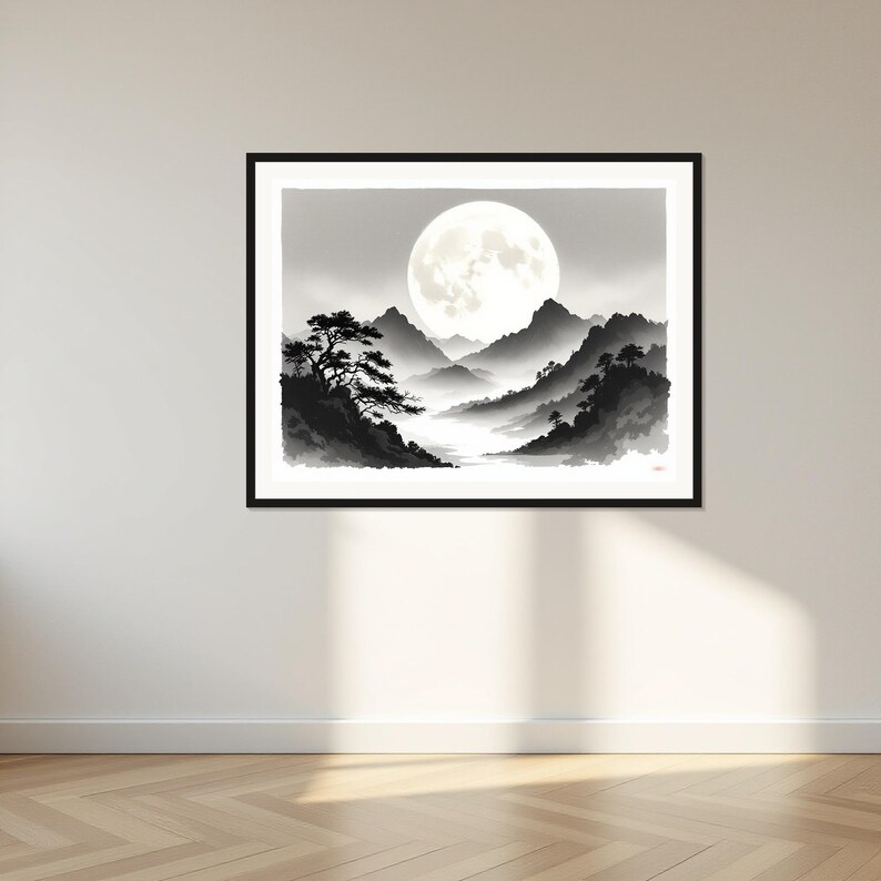 月の風景画プリント、ニュートラルなインテリアアート、ベッド上の装飾、水墨画プリント、中国水墨画プリント 画像 1