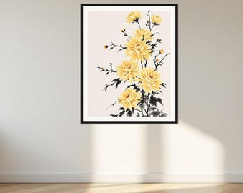 Op de afbeelding: Een ingelijste wandkunstprint met een botanische illustratie van gele chrysantenbloemen met donkergrijze stelen en bladeren tegen een lichtcrème achtergrond. Het kunstwerk is gevat in een dunne zwarte lijst en toont een florale compositie.