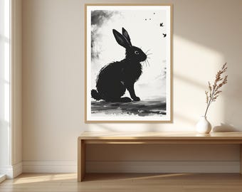May include: A framed wall art print featuring a black ink-style illustration of a rabbit sitting in profile. The rabbit is rendered in solid black against a white background with abstract gray brushstrokes and two small black birds in the sky.