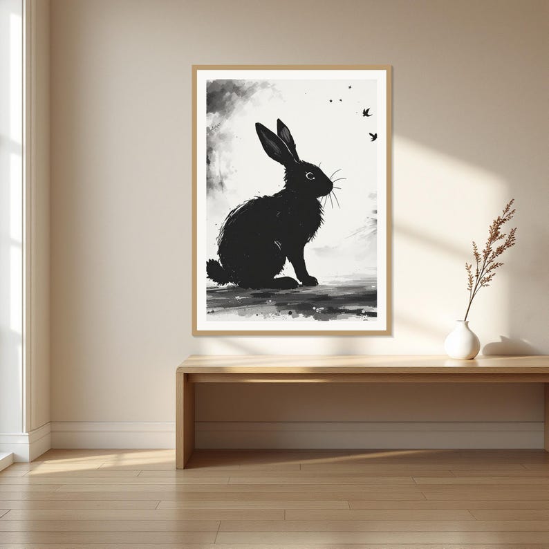 Konijn Maan Muurdecoratie, Wabi Sabi Decoratie, Galerij Muurset, Digitale Print, Inktschilderij, Chinese Inktschilderij Print afbeelding 1