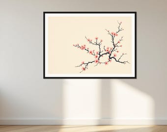 May include: A framed wall art print featuring a delicate illustration of a flowering cherry blossom branch with soft pink petals and dark brown twigs set against a solid cream-colored background within a thin black rectangular frame.