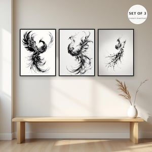 Ensemble de 3 tableaux muraux asiatiques Phénix, décoration asiatique, art pour salon, téléchargement imprimable, peinture à l'encre, impression de peinture chinoise à l'encre image 1