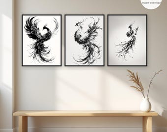 May include: A set of three framed wall art prints featuring black and white ink-style illustrations of phoenix birds with flowing feathers. The text SET OF 3 instant download is visible in the upper right corner of the image.