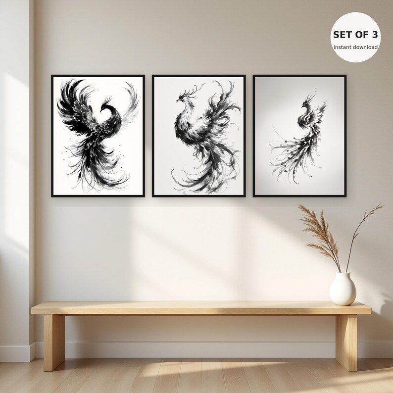 Ensemble de 3 tableaux muraux asiatiques Phénix, décoration asiatique, art pour salon, téléchargement imprimable, peinture à l'encre, impression de peinture chinoise à l'encre image 1