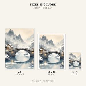 Bridge Snow Wall Art, Chinoiserie Aesthetic, Dining Room Art, Digital Print, Ink Wash Painting, Chinese Ink Painting Print image 4